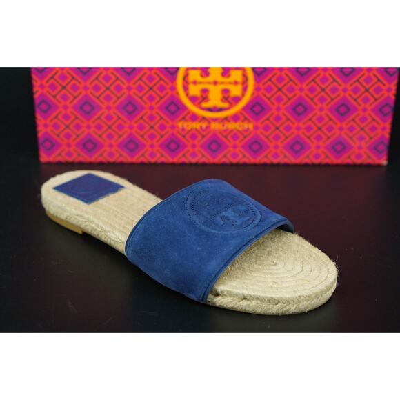 Tory Burch Benton Espadrille Slide Sandals Size 5.5 Blue Band $255 Logo NIB - Picture 1 of 11